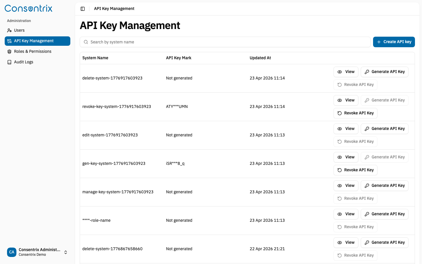 API Key Management List