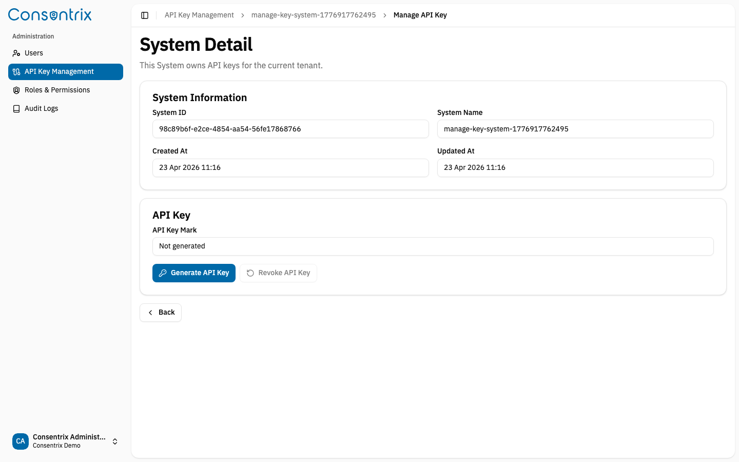 Manage API Key Page