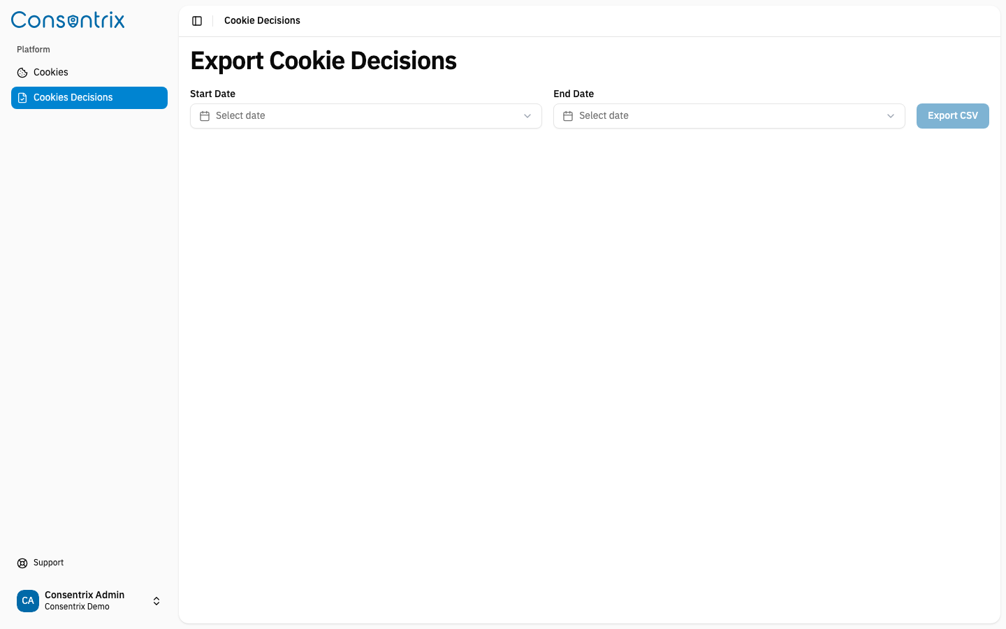Cookie Decisions export page