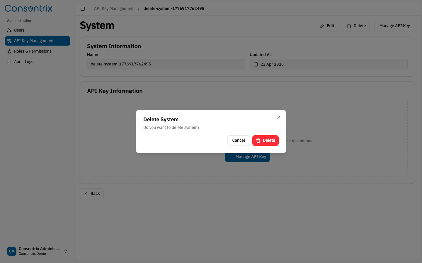 Delete System Dialog