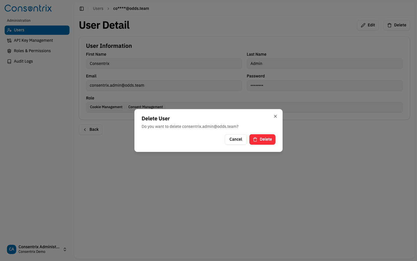 Delete User Confirmation Dialog