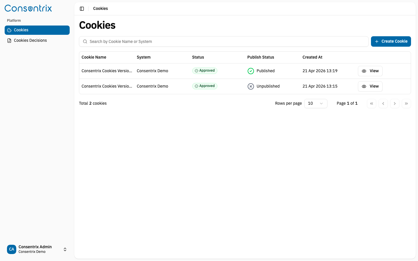 Cookies list page