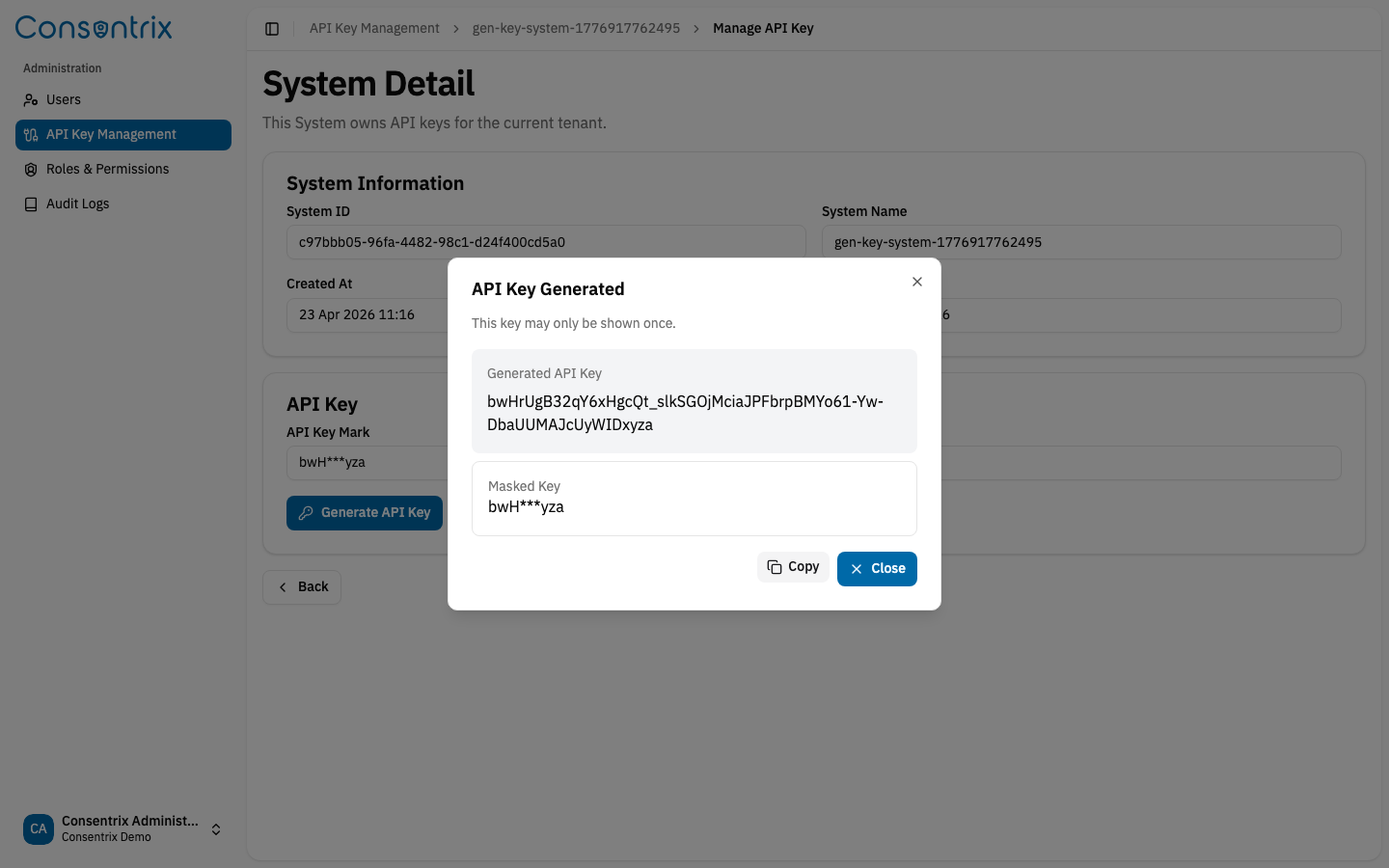 Generate API Key Dialog