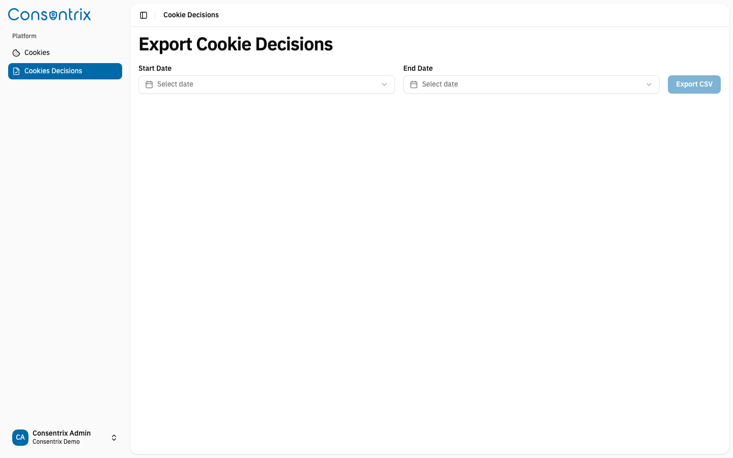 Cookie Decisions export page