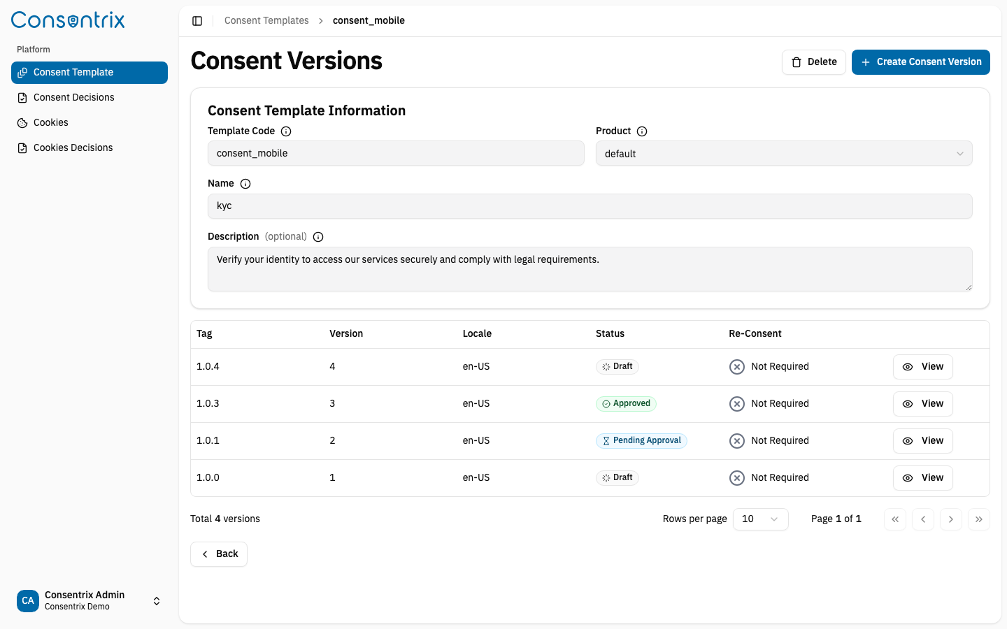 Consent Template Version List